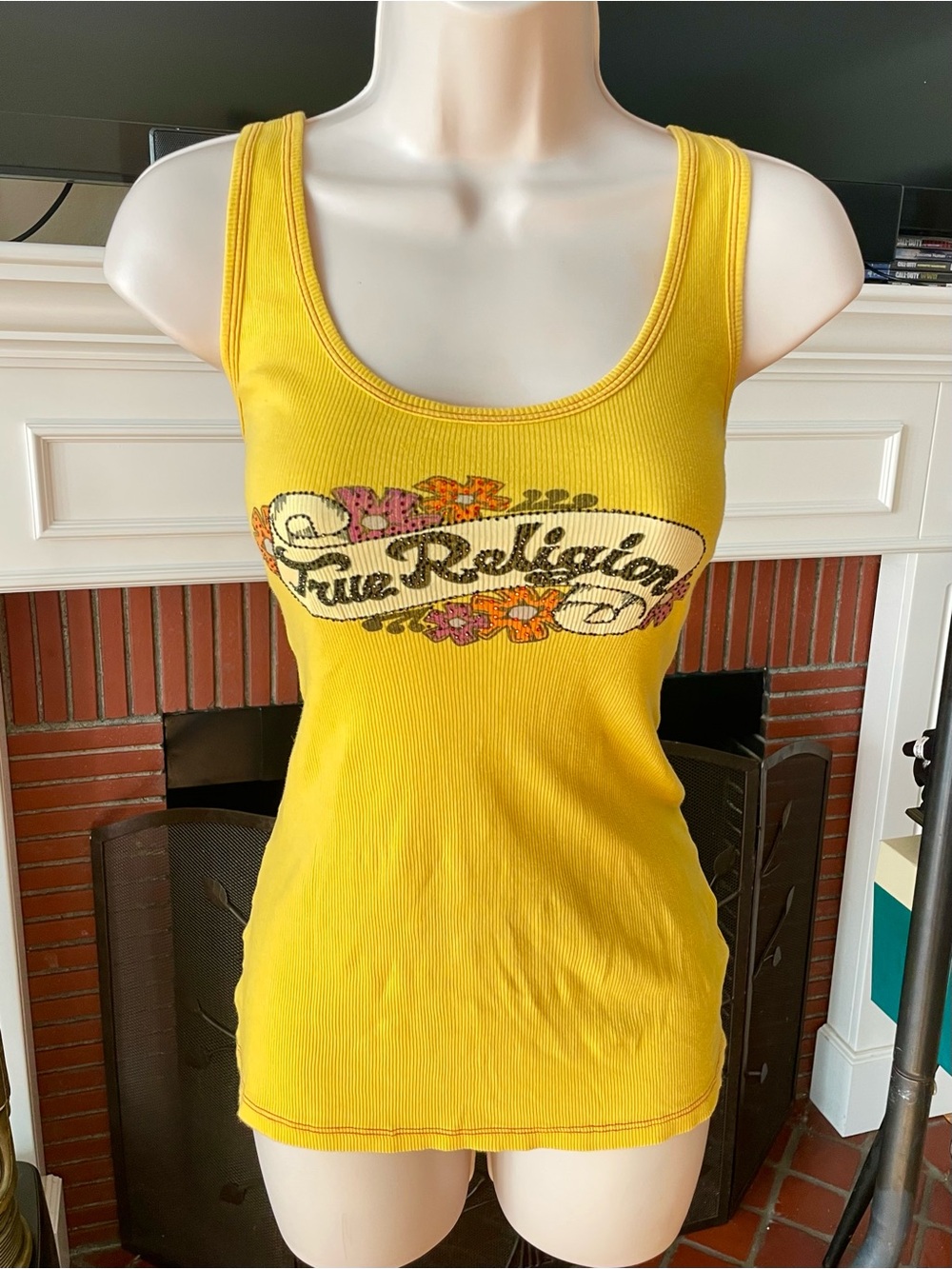Vintage Y2K True Religion Yellow Rhinestone Graphic Tank Top L